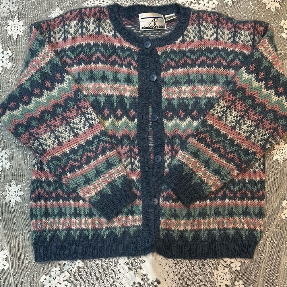 Accordeon Vintage Country Sampler Mohair blend Cardigan Sweater Lg Pastel